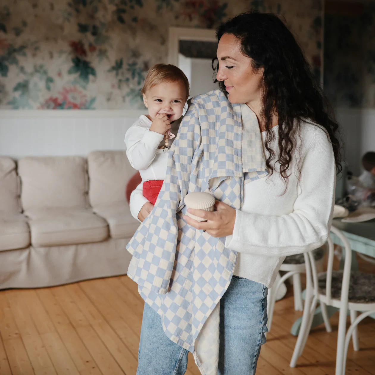 Mushie Organic Swaddle Blanket | Blue Check