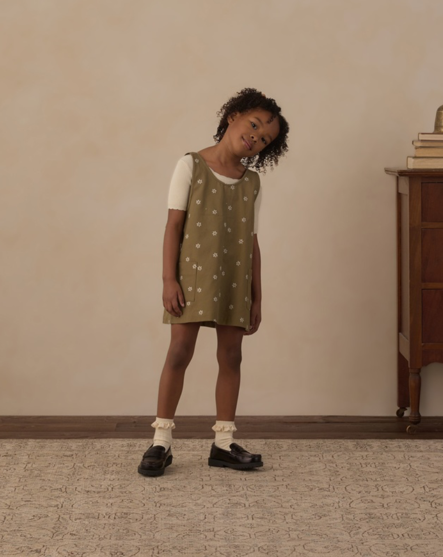 Rylee + Cru V Neck Overall Dress | Embroidered Daisies