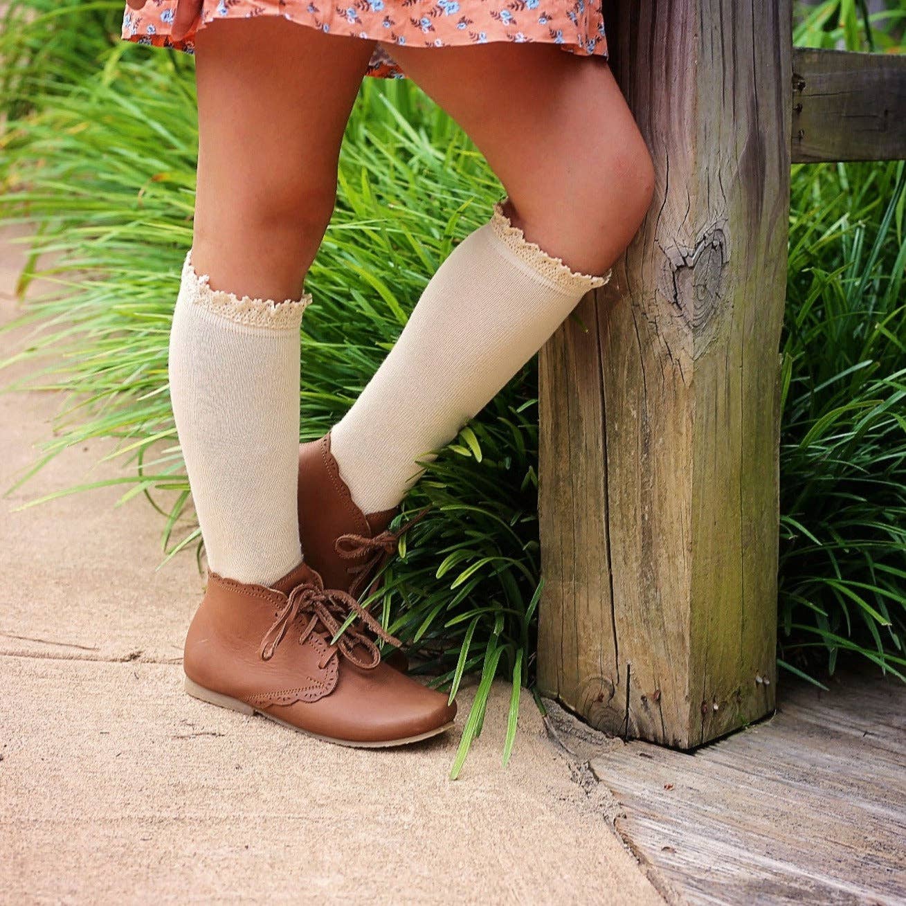 Little Stocking Co. Lace Top Knee High Socks | Vanilla