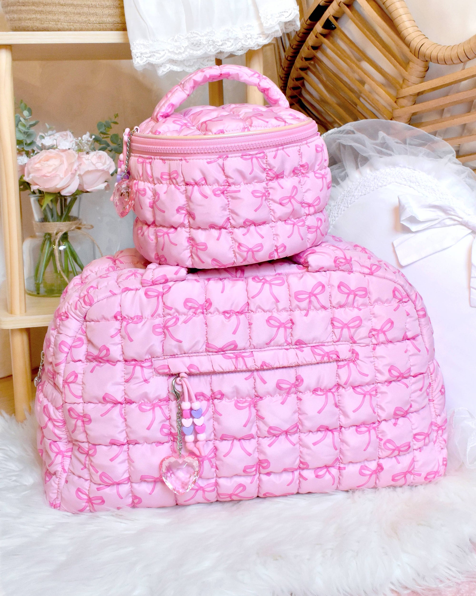 OMG Accessories - Bow Print Quilted Scrunchies Round Glam Bag