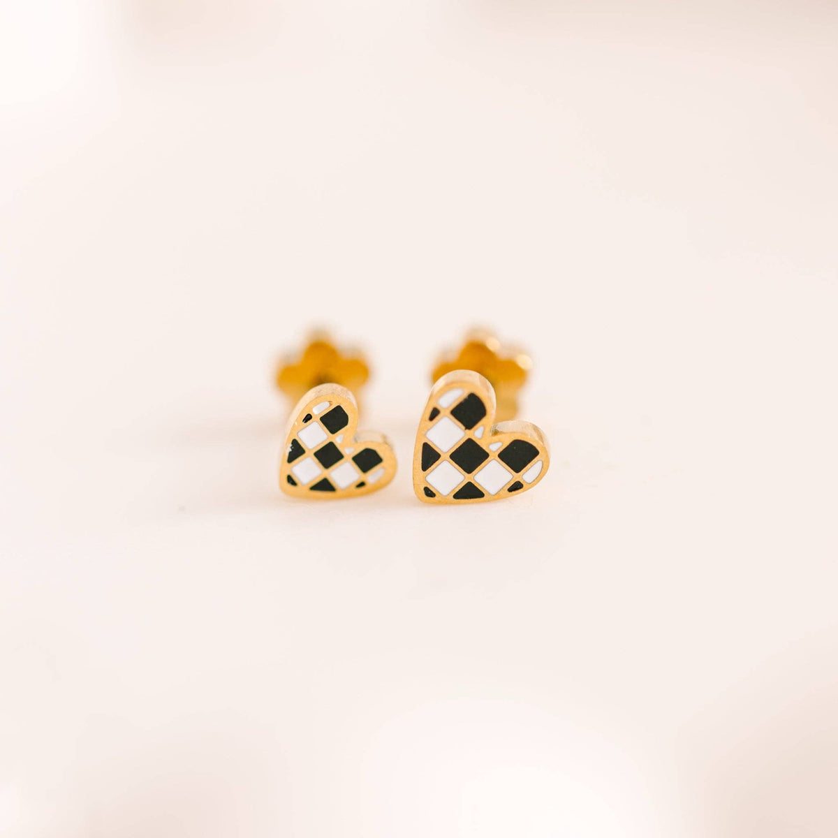 Pierced Co Tiny Black/White Checkered Heart Earrings