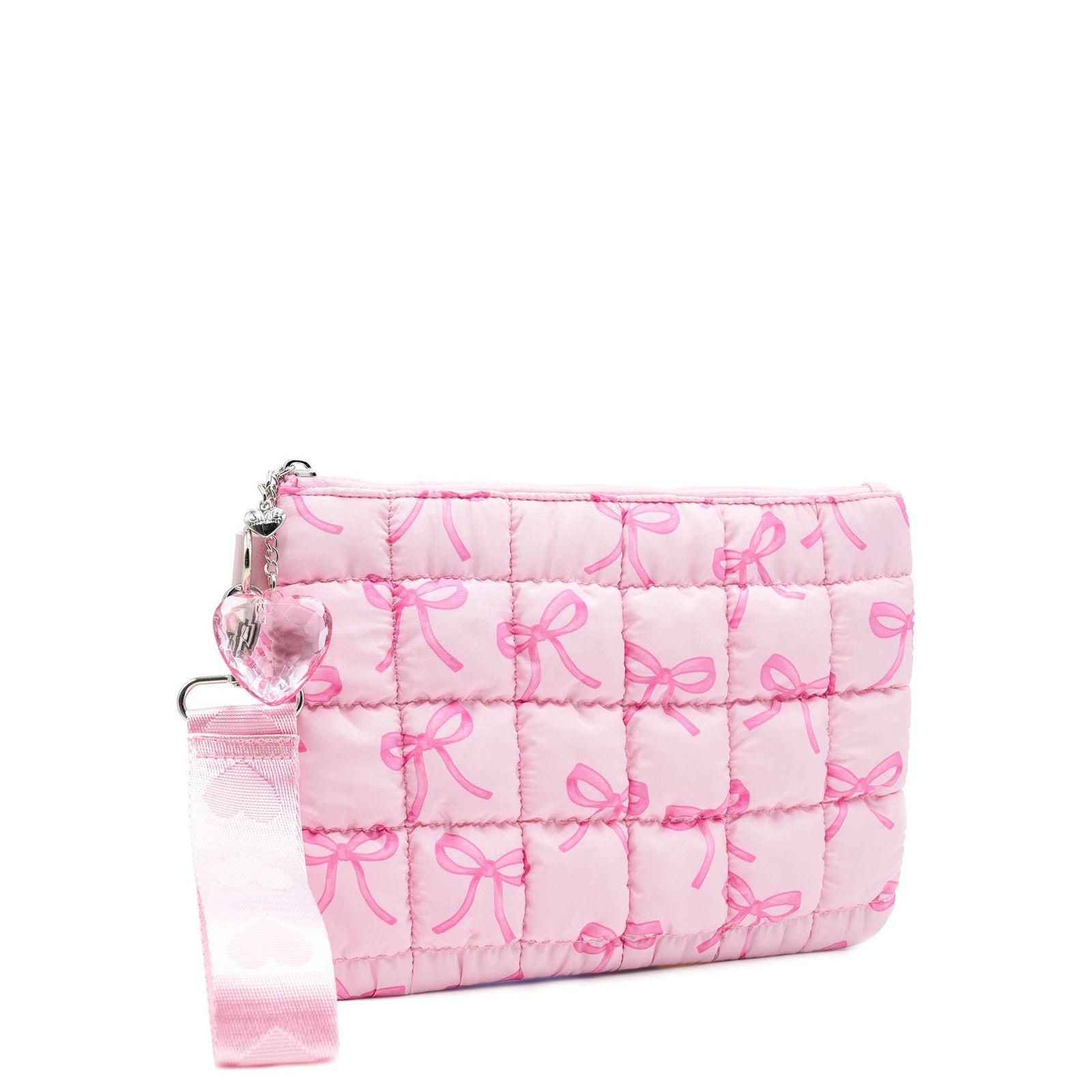 Quilted Scrunchies Bow Print Wristlet with Heart Charm | Pink