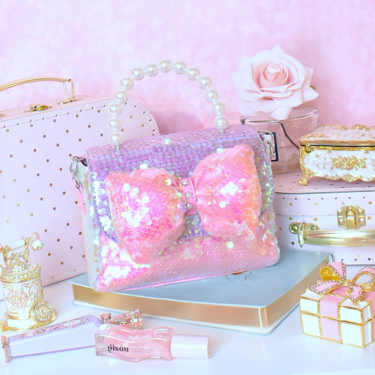 OMG Accessories - Sequin Bow Front Flap Top Handle Mini Bag