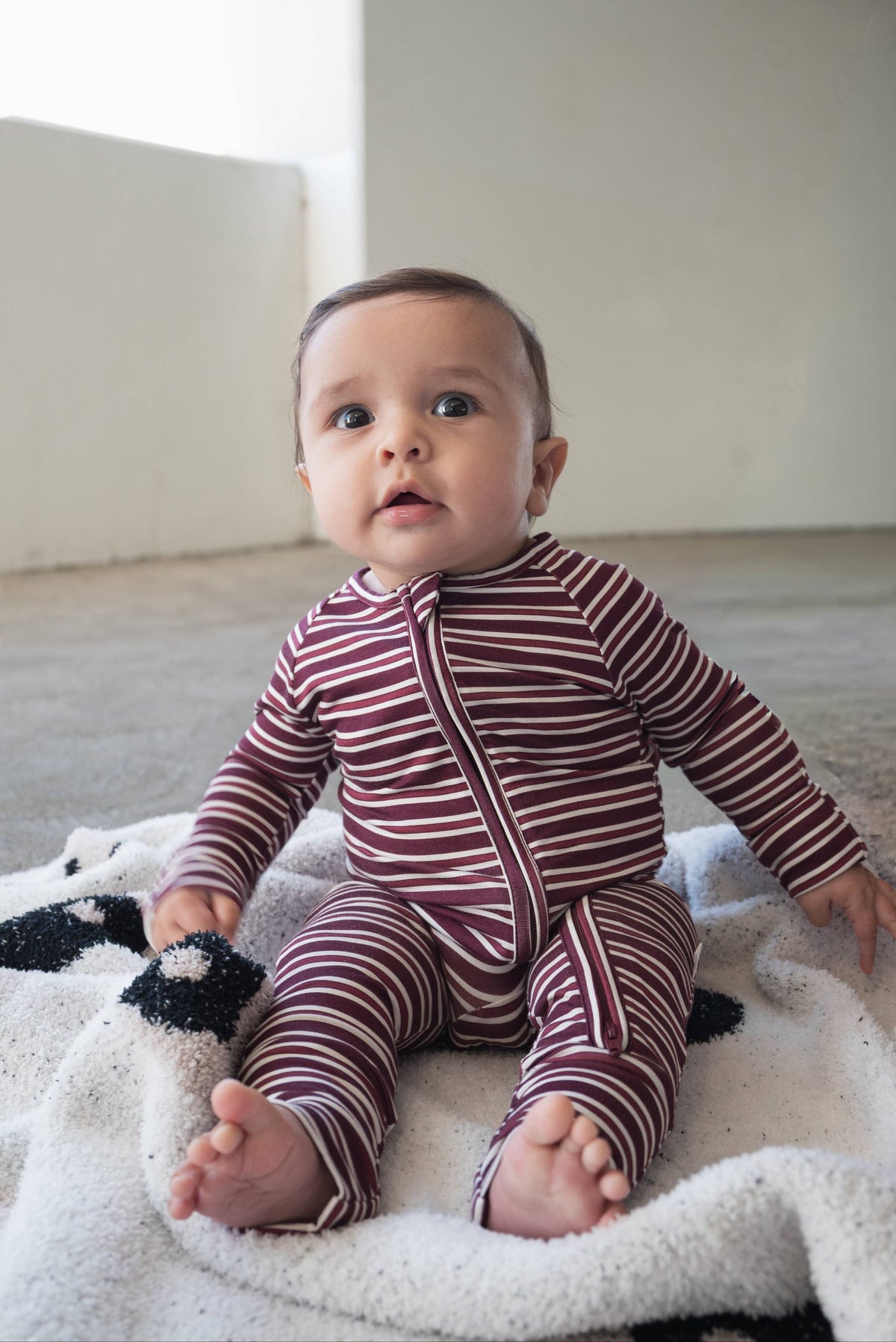 Forever French Baby  Bamboo Zip Pajamas | Maroon Stripe