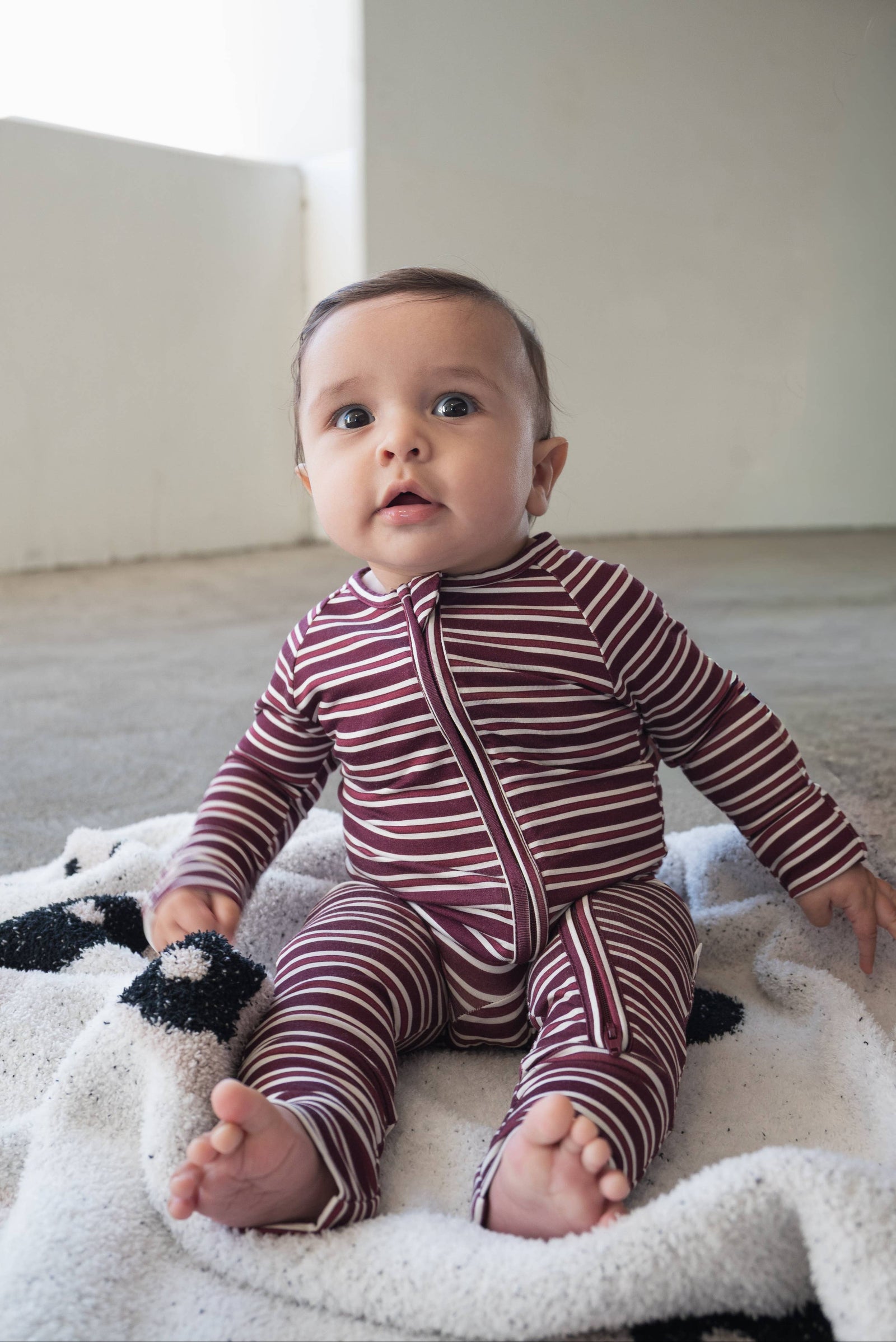 Forever French Baby  Bamboo Zip Pajamas | Maroon Stripe