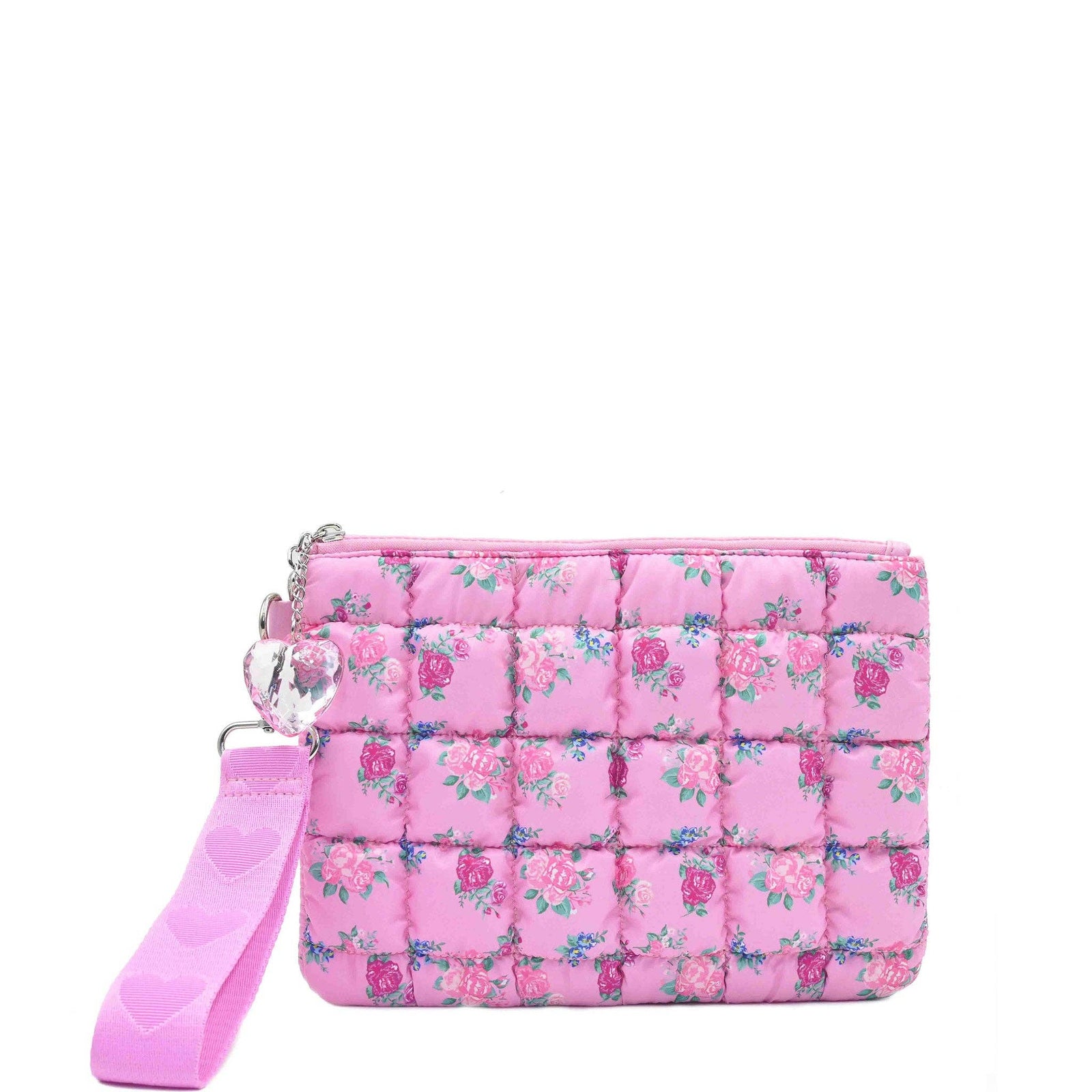 Quilted Scrunchies Floral Printed Wristlet w/ Heart Charm | Pink