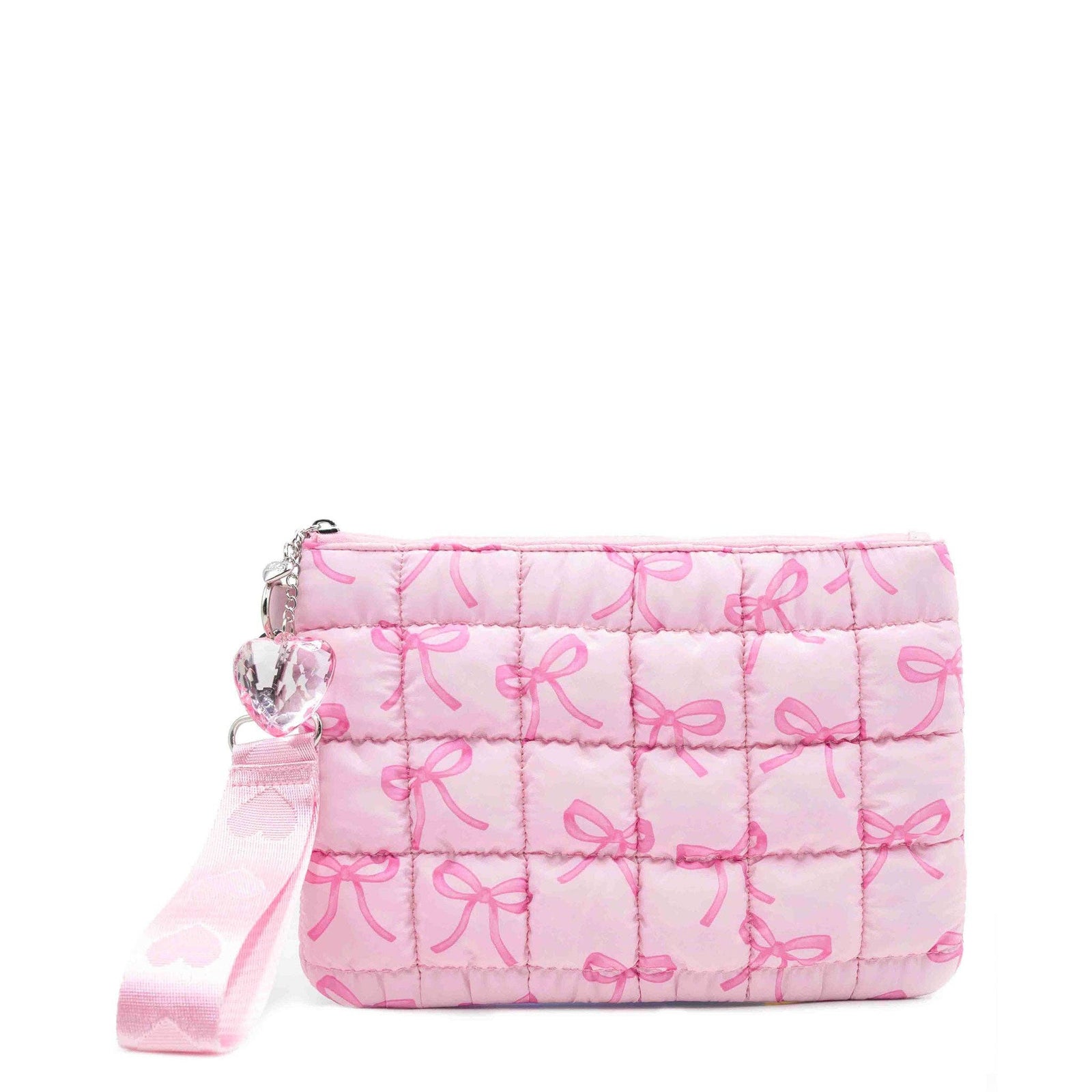 Quilted Scrunchies Bow Print Wristlet with Heart Charm | Pink