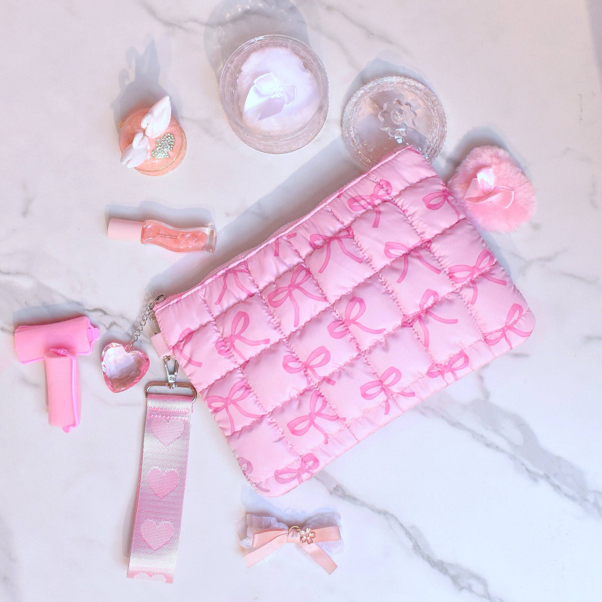 Quilted Scrunchies Bow Print Wristlet with Heart Charm | Pink