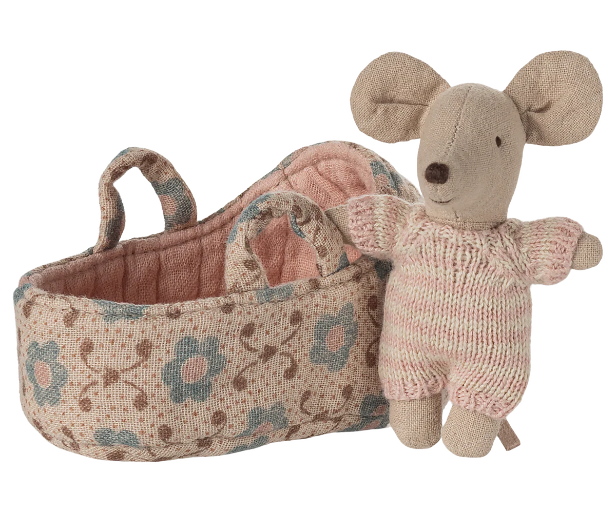 Maileg Baby Mouse in Carry Cot | Rose