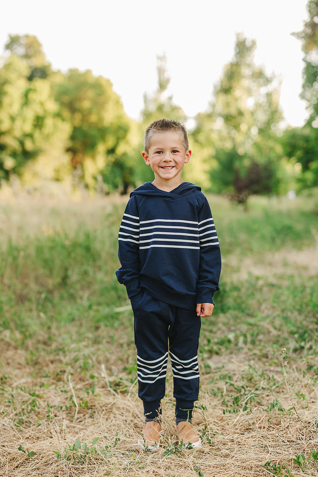 Mebie Baby Hooded French Terry Set | Navy Stripes