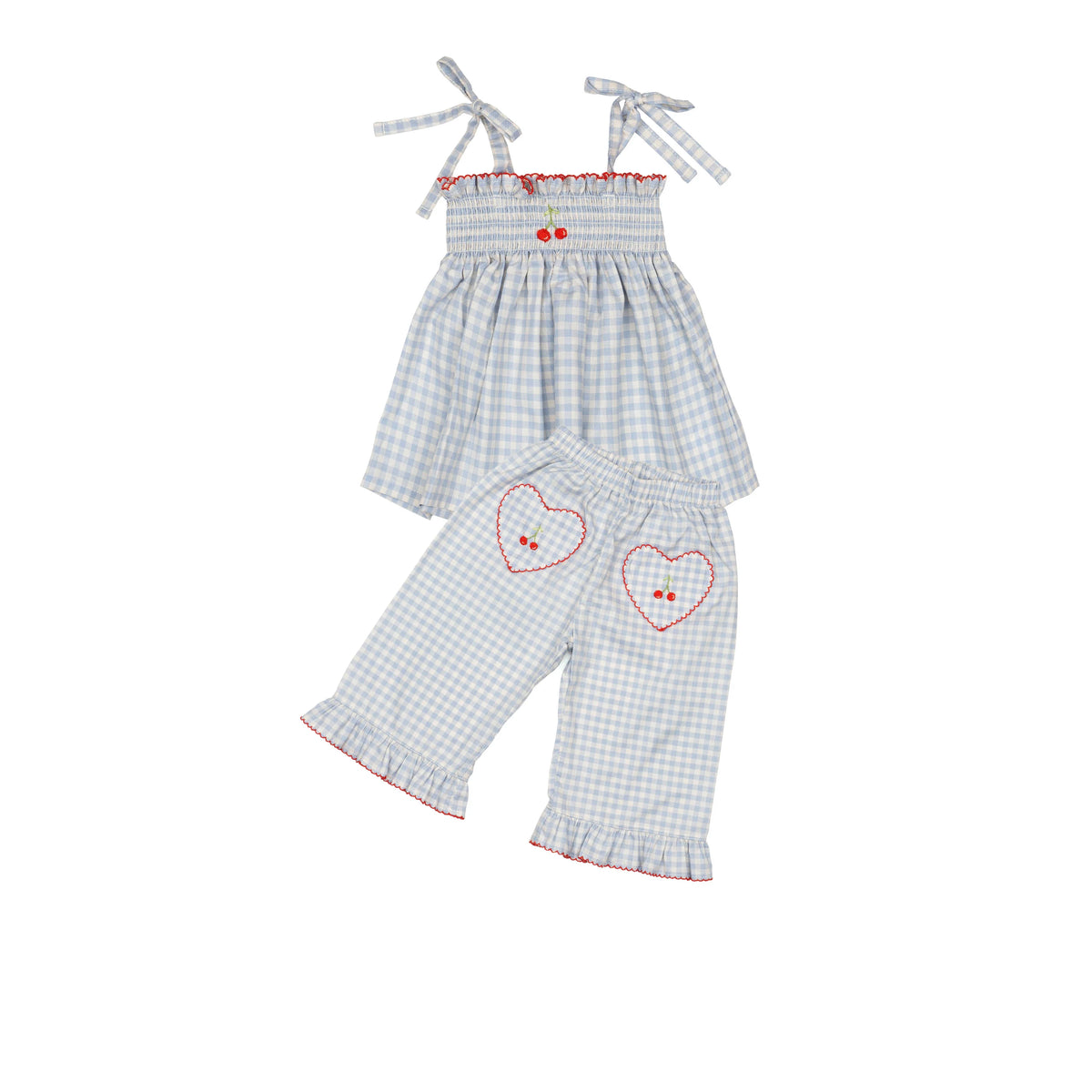 Wild Wawa Ruffle Pant Set | Cherry Blue Gingham