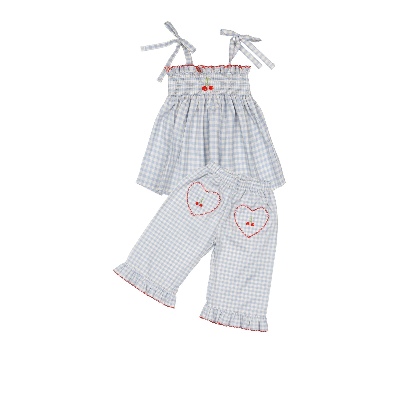 Wild Wawa Ruffle Pant Set | Cherry Blue Gingham
