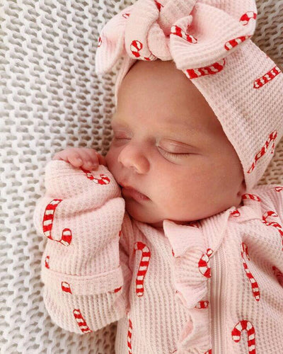 Organic Ruffle Waffle Zip Footie | Pink Candy Cane