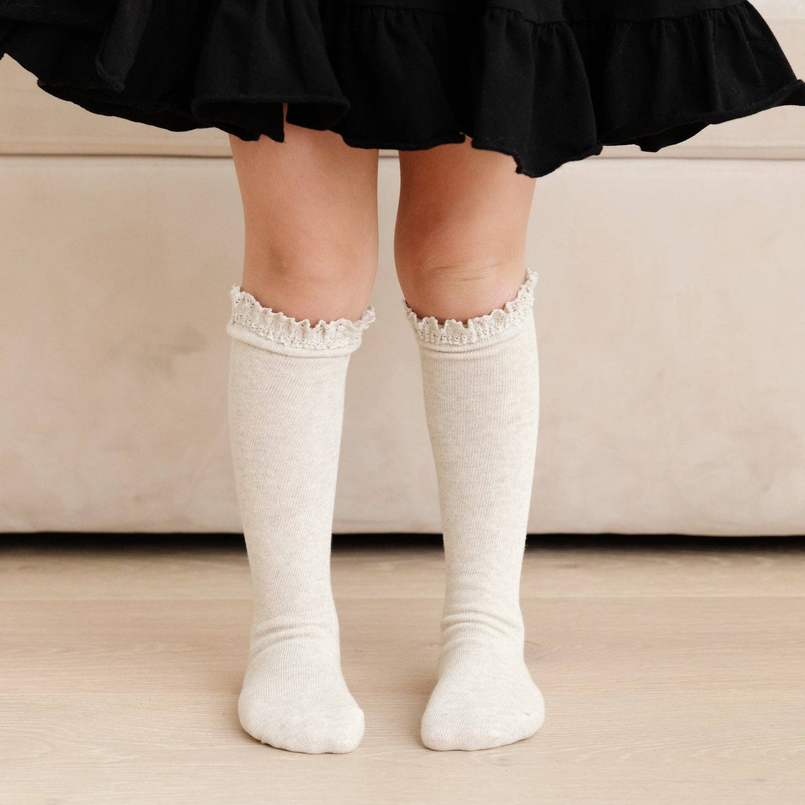 Little Stocking Co. Lace Top Knee High Socks | Heathered Ivory