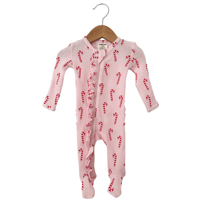 Organic Ruffle Waffle Zip Footie | Pink Candy Cane