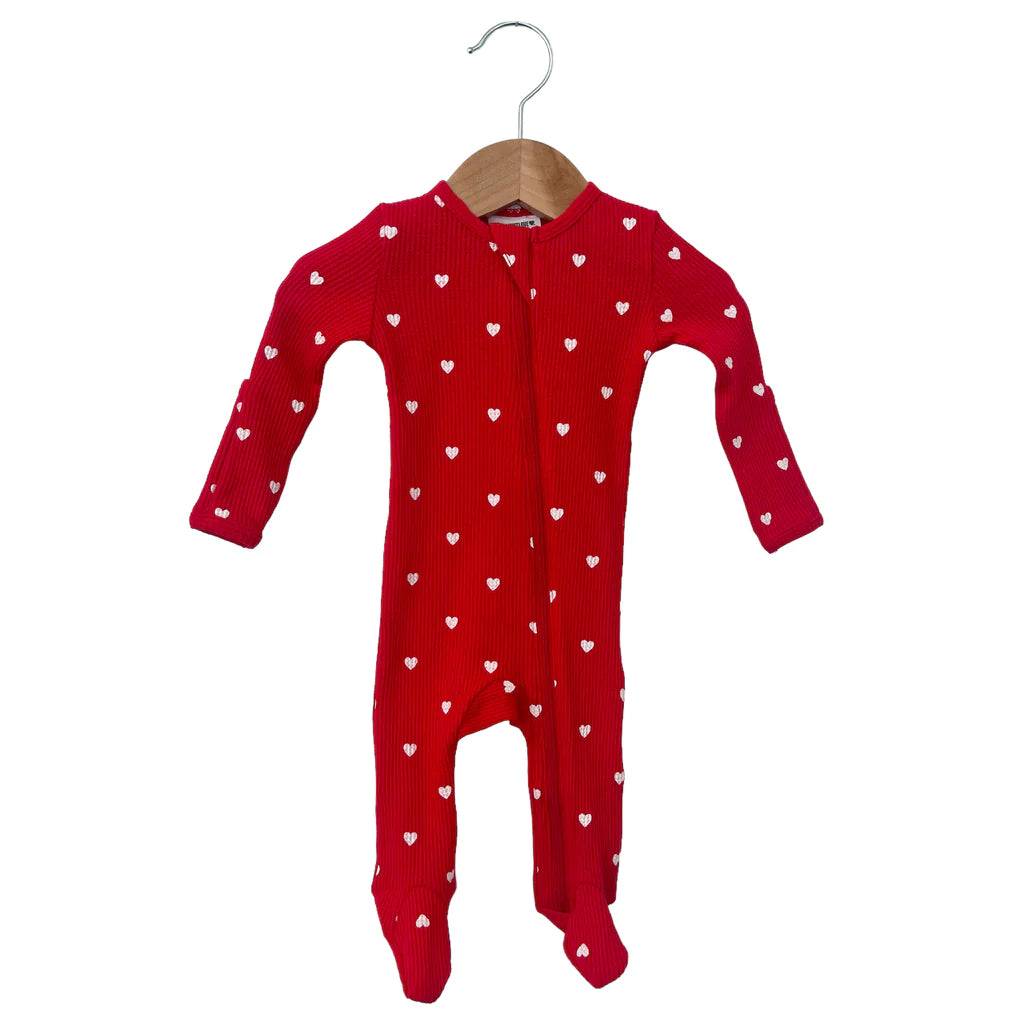 Organic Waffle Zip Footie | White Hearts on Red