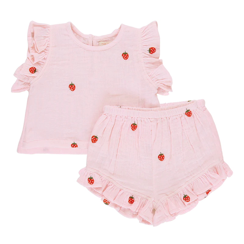 Pink Chicken Baby Girls Roey 2 Piece Set | Strawberry Embroidery