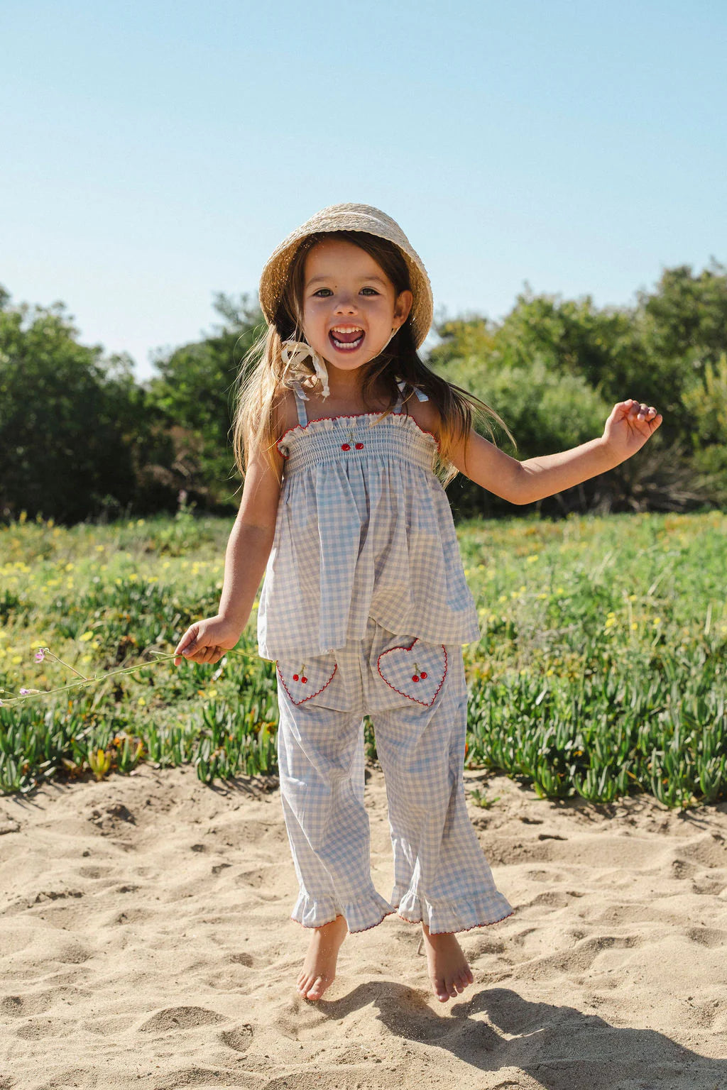 Wild Wawa Ruffle Pant Set | Cherry Blue Gingham