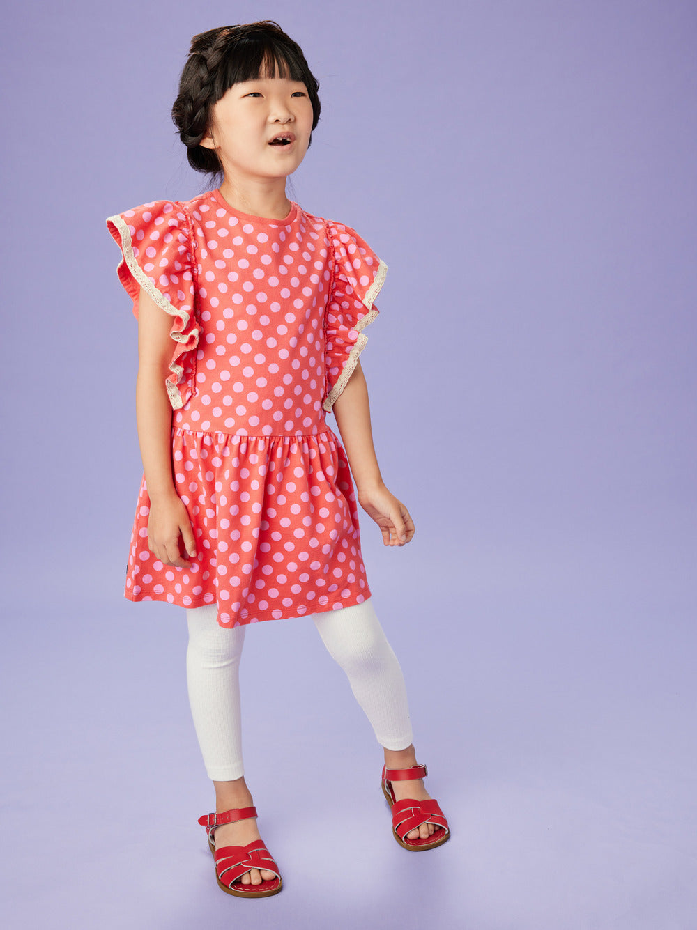 Tea Collection Crochet Trim Ruffle Dress | Polka Dots in Red