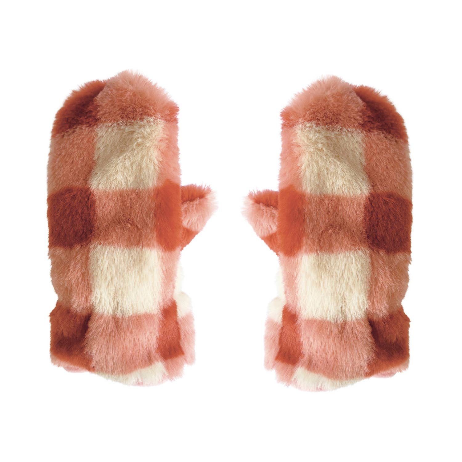 Furry Checked Mittens | Coral