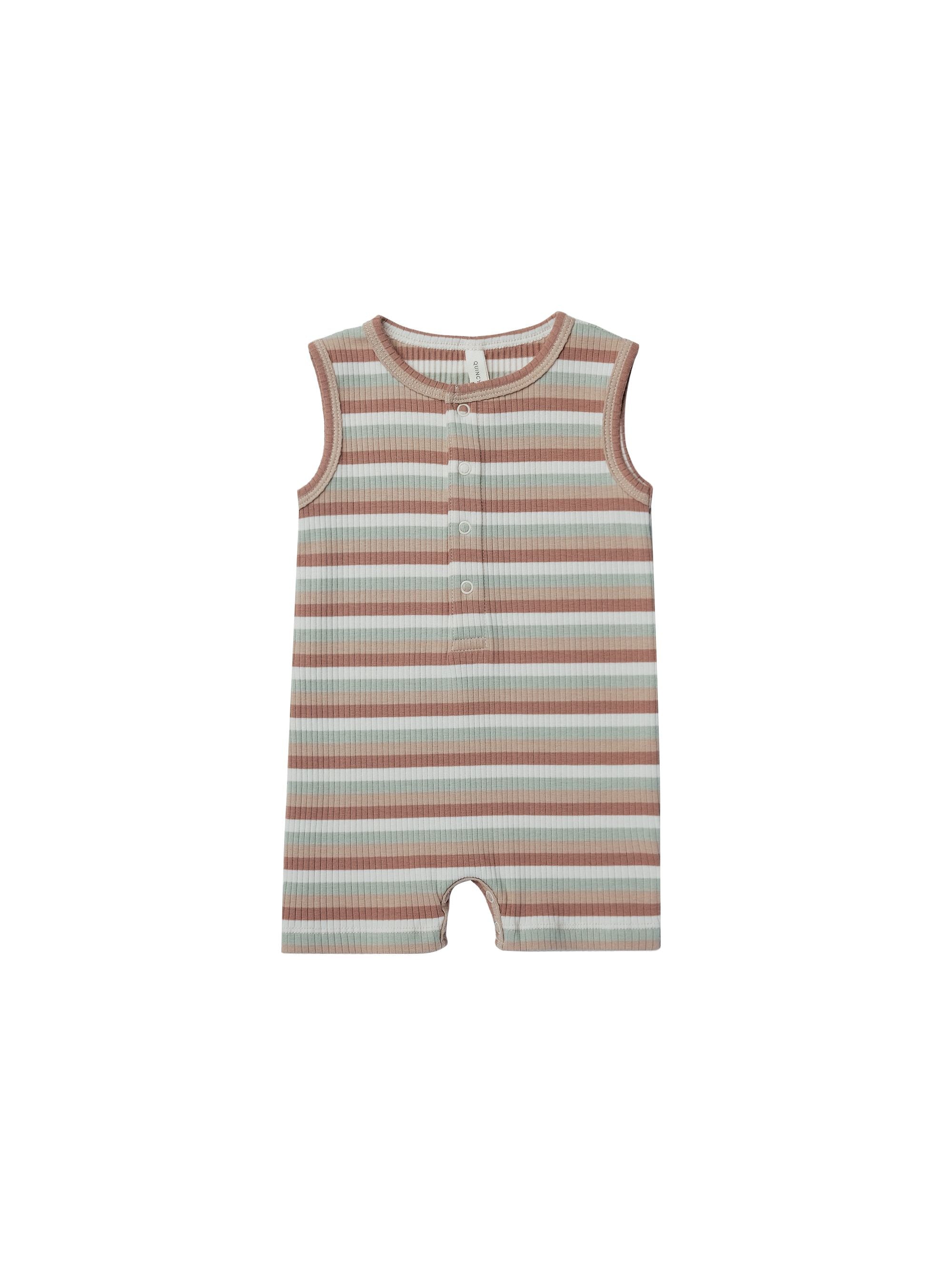 Quincy Mae Ribbed Henley Romper | Summer Stripe